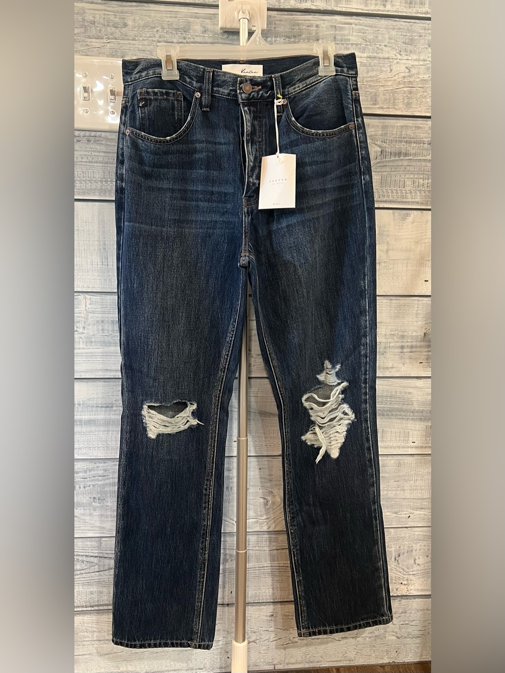 Kancan Dark Wash Distressed Straight-Leg Women's Jeans - Dark Blue 7/27